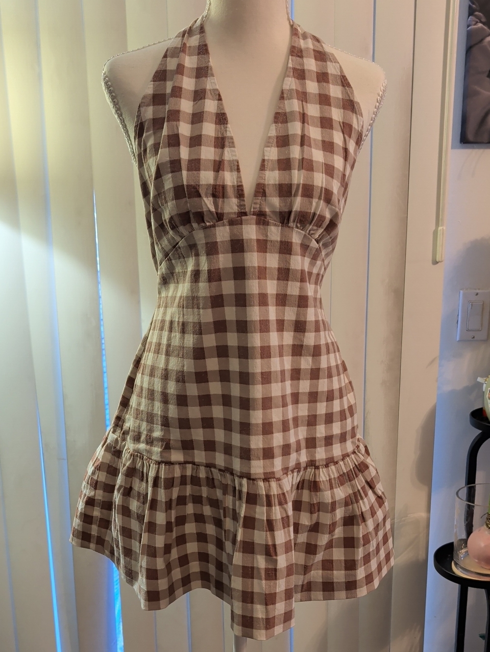 Free People Beige & Cream Gingham Halter Dress, L